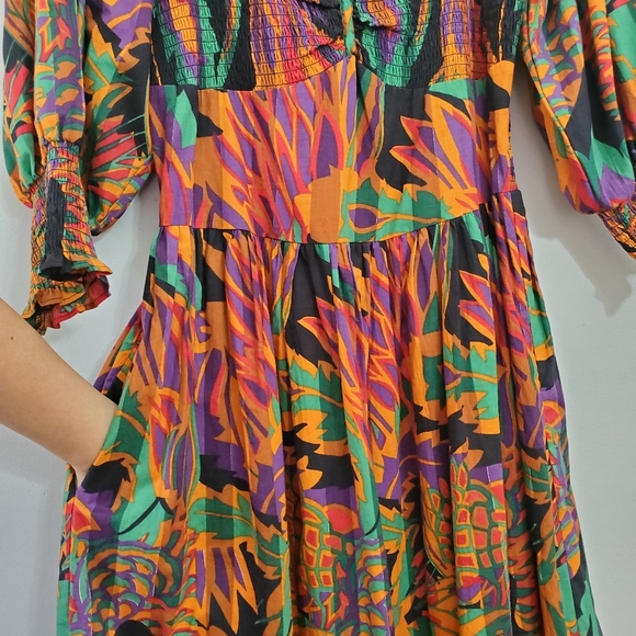 House OF HARLOW 1960 Meadow Print Ballon Sleeve Smoked Waist Midi Dress sz Large - Picture 11 of 15